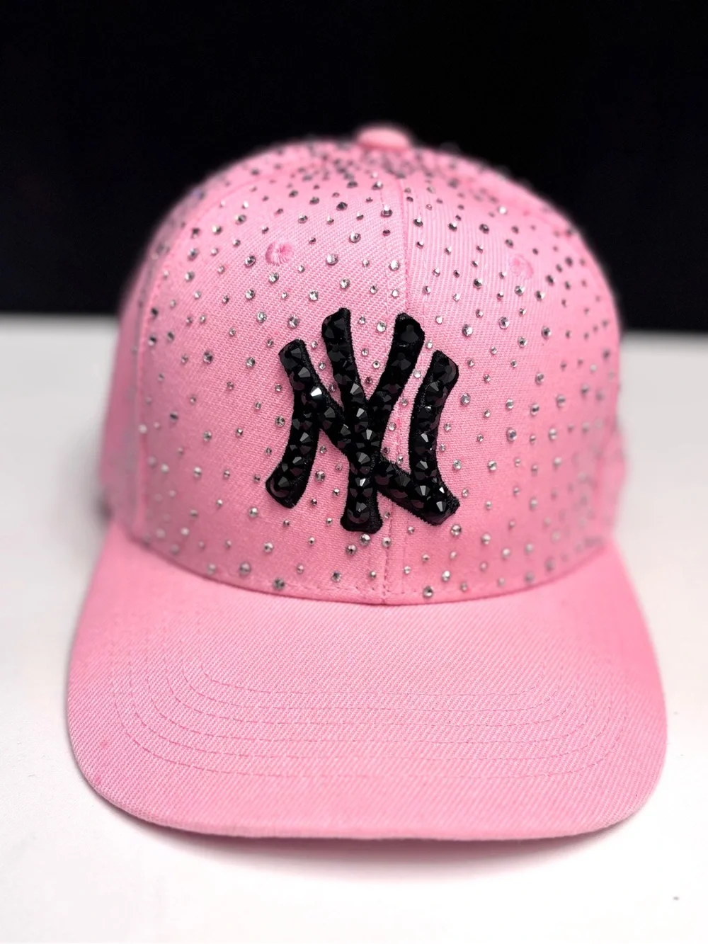 Pink Rhinestone Baseball Cap with Black Rhinestoned Yankees Logo